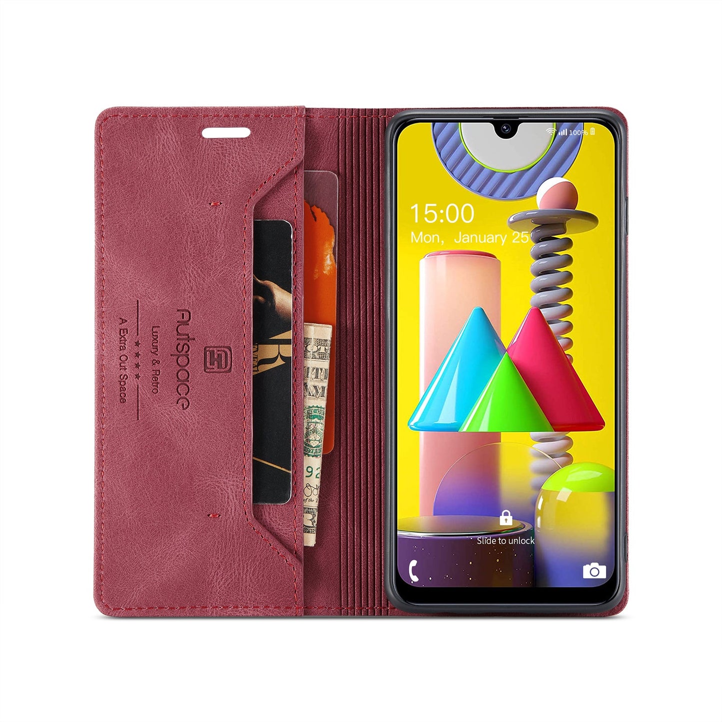 For Samsung Galaxy M31 Prime / Galaxy M21s / Galaxy F14 4G / Galaxy M31 Wallet Case AUTSPACE A01 Leather Stand Cover with RFID Blocking Card Holder - Red