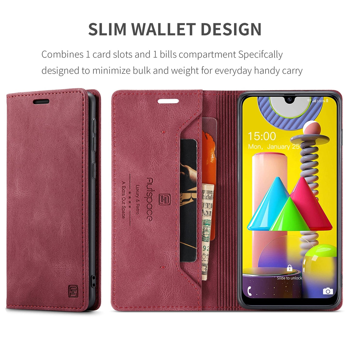 For Samsung Galaxy M31 Prime / Galaxy M21s / Galaxy F14 4G / Galaxy M31 Wallet Case AUTSPACE A01 Leather Stand Cover with RFID Blocking Card Holder - Red