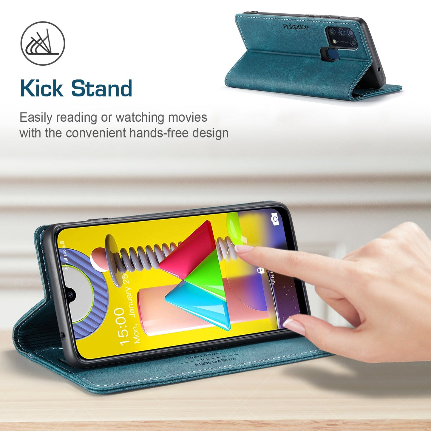 For Samsung Galaxy M31 Prime / Galaxy M21s / Galaxy F14 4G / Galaxy M31 Wallet Case AUTSPACE A01 Leather Stand Cover with RFID Blocking Card Holder - Blue