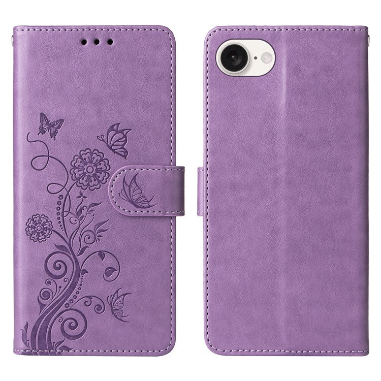 For iPhone 16e Case Butterfly Floral Imprint Wallet Stand Leather Phone Cover - Purple