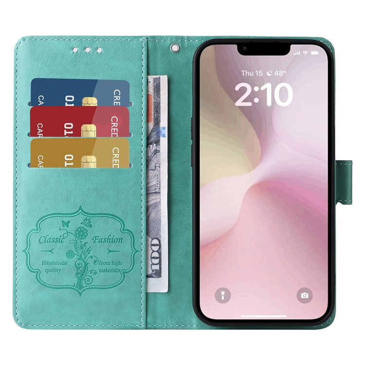 For iPhone 16e Case Butterfly Floral Imprint Wallet Stand Leather Phone Cover - Green