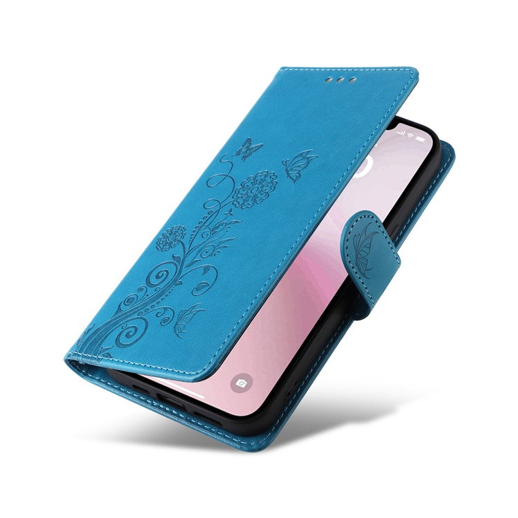 For iPhone 16e Case Butterfly Floral Imprint Wallet Stand Leather Phone Cover - Blue
