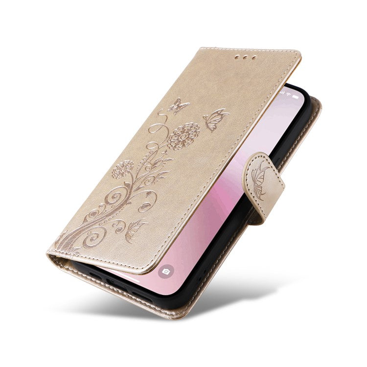 For iPhone 16e Case Butterfly Floral Imprint Wallet Stand Leather Phone Cover - Gold