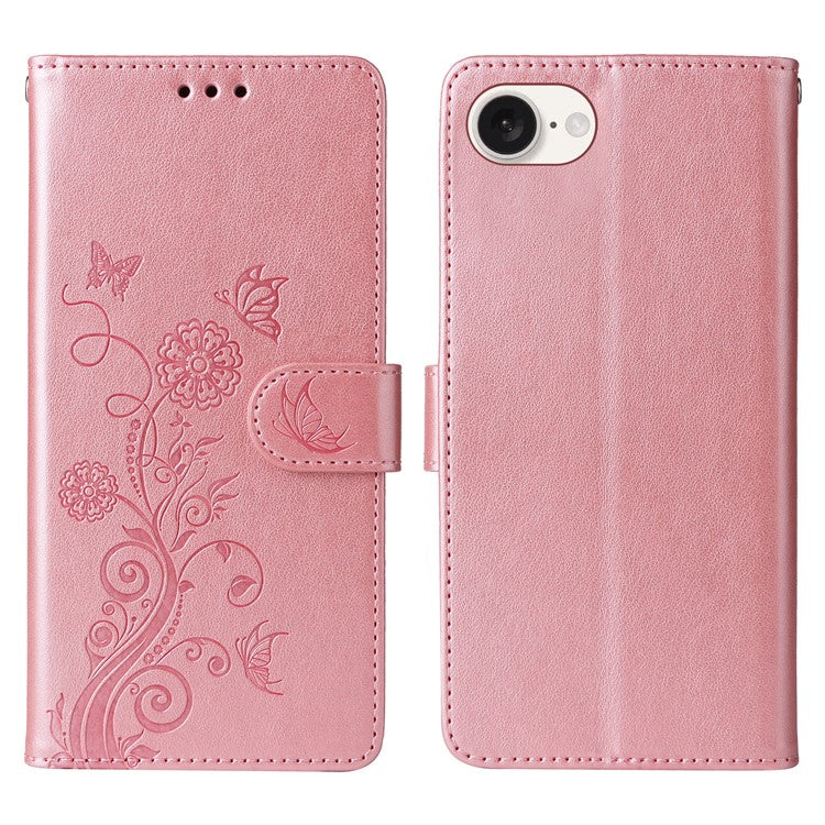 For iPhone 16e Case Butterfly Floral Imprint Wallet Stand Leather Phone Cover - Pink