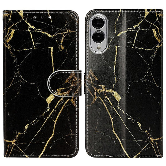 For Samsung Galaxy S25 Edge Case Pattern PU Leather Flip Phone Cover - Black Gold Marble