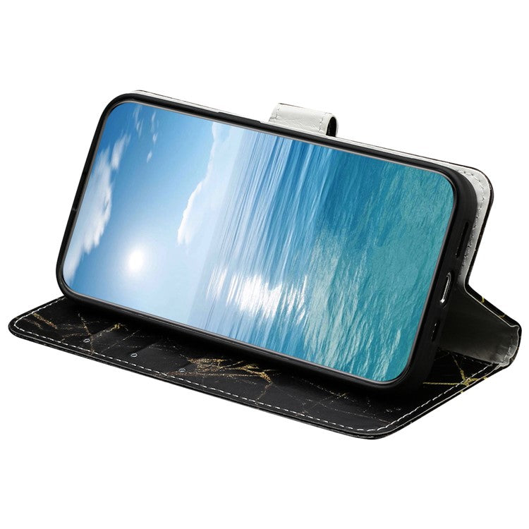 For Samsung Galaxy S25 Edge Case Pattern PU Leather Flip Phone Cover - Black Gold Marble