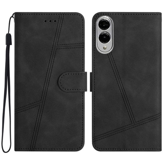 For Samsung Galaxy S25 Edge Case Flip Leather Retro Phone Cover Lines Imprinted - Black