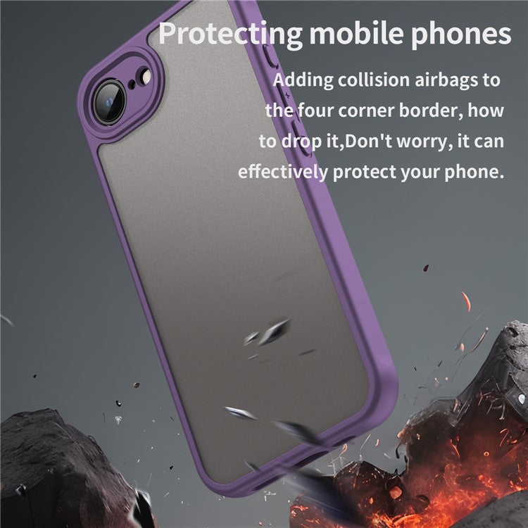 For iPhone 16e Case Drop Proof Airbags Frosted Translucent PC + TPU Phone Back Cover - Purple