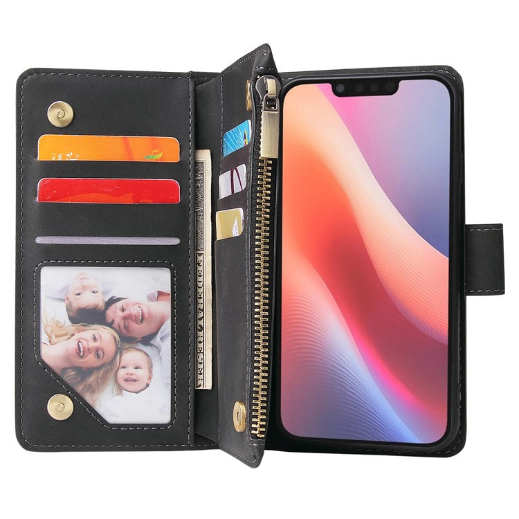 For iPhone 16e Case Zipper Wallet Multiple Card Slots Leather Phone Cover - Black