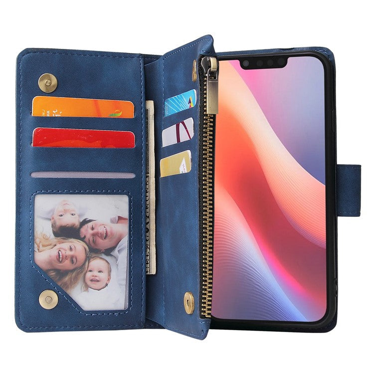 For iPhone 16e Case Zipper Wallet Multiple Card Slots Leather Phone Cover - Blue