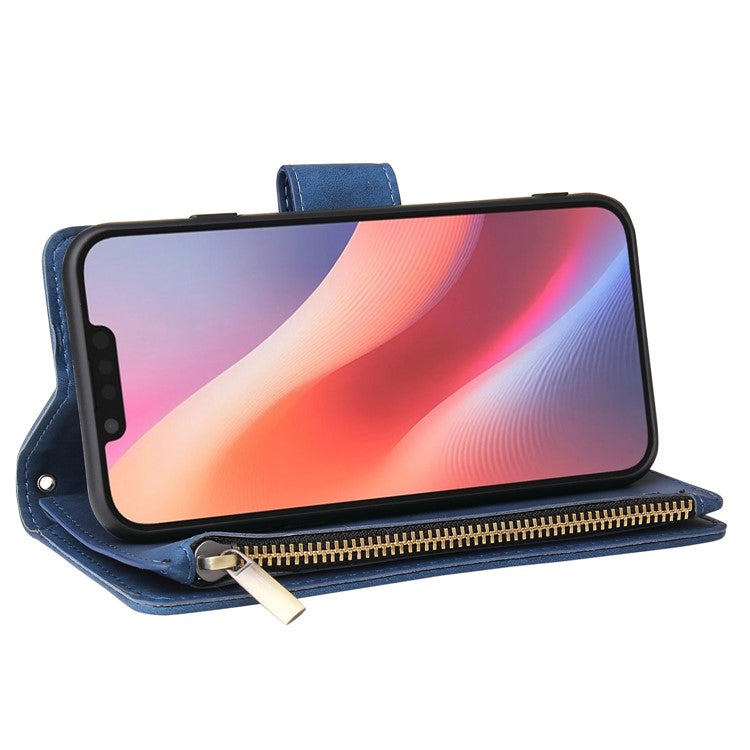 For iPhone 16e Case Zipper Wallet Multiple Card Slots Leather Phone Cover - Blue