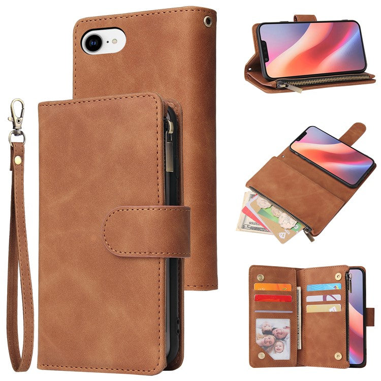 For iPhone 16e Case Zipper Wallet Multiple Card Slots Leather Phone Cover - Brown