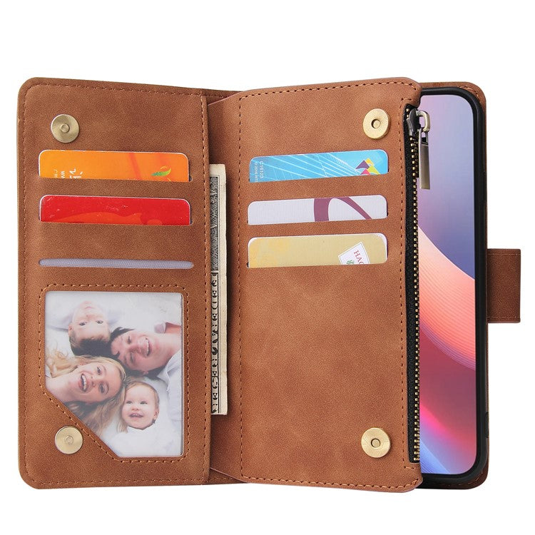 For iPhone 16e Case Zipper Wallet Multiple Card Slots Leather Phone Cover - Brown
