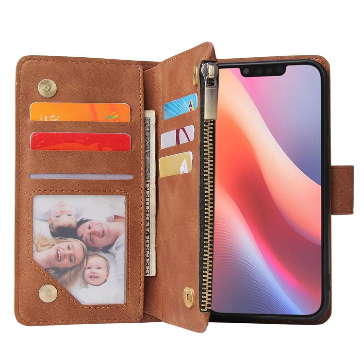 For iPhone 16e Case Zipper Wallet Multiple Card Slots Leather Phone Cover - Brown