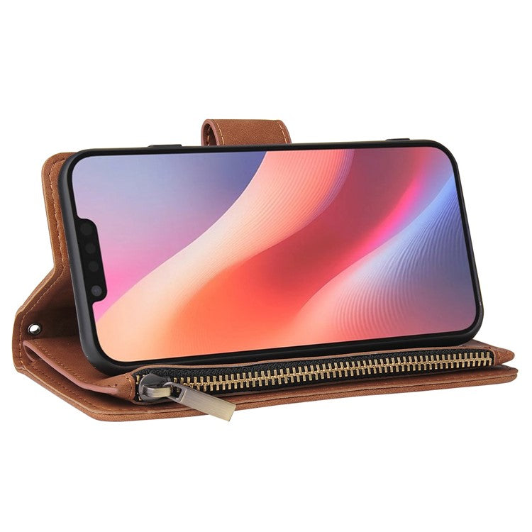 For iPhone 16e Case Zipper Wallet Multiple Card Slots Leather Phone Cover - Brown