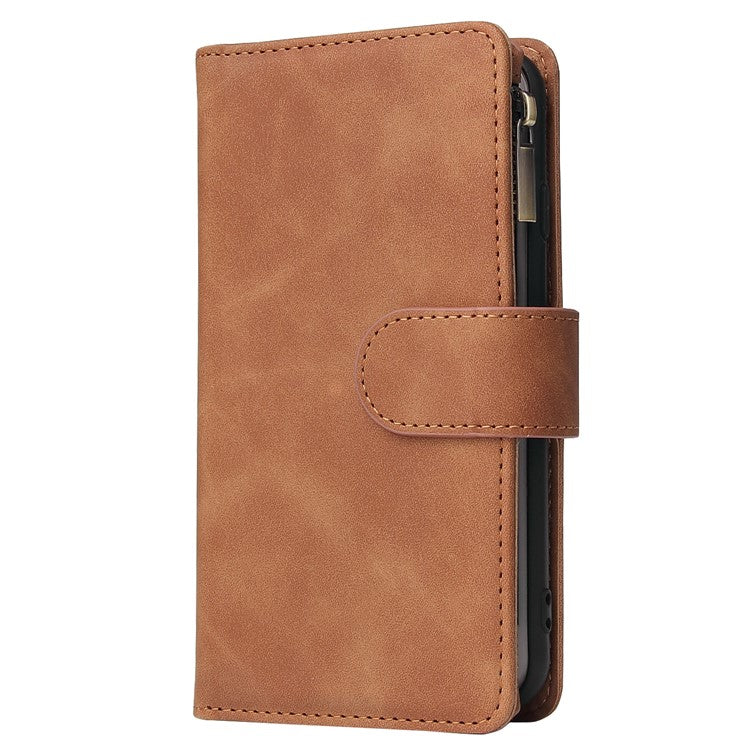 For iPhone 16e Case Zipper Wallet Multiple Card Slots Leather Phone Cover - Brown