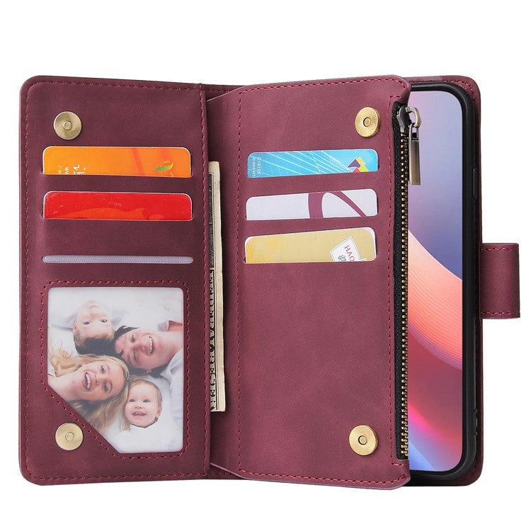 For iPhone 16e Case Zipper Wallet Multiple Card Slots Leather Phone Cover - Wine Red