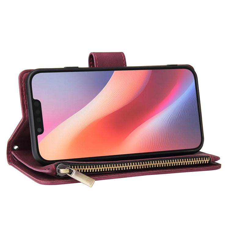 For iPhone 16e Case Zipper Wallet Multiple Card Slots Leather Phone Cover - Wine Red