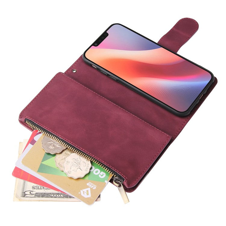For iPhone 16e Case Zipper Wallet Multiple Card Slots Leather Phone Cover - Wine Red
