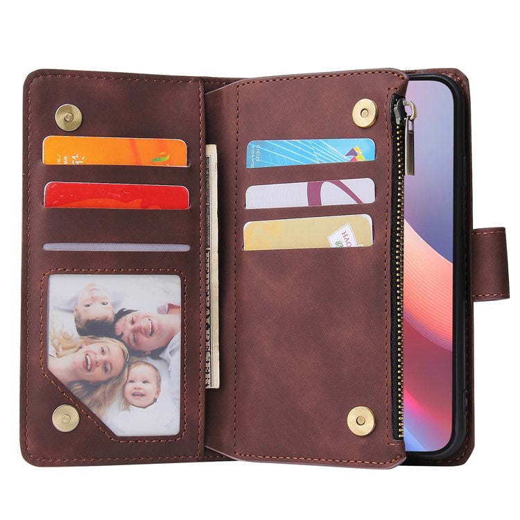 For iPhone 16e Case Zipper Wallet Multiple Card Slots Leather Phone Cover - Coffee