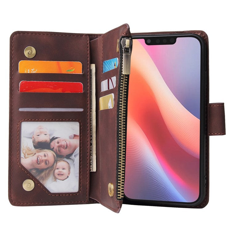 For iPhone 16e Case Zipper Wallet Multiple Card Slots Leather Phone Cover - Coffee