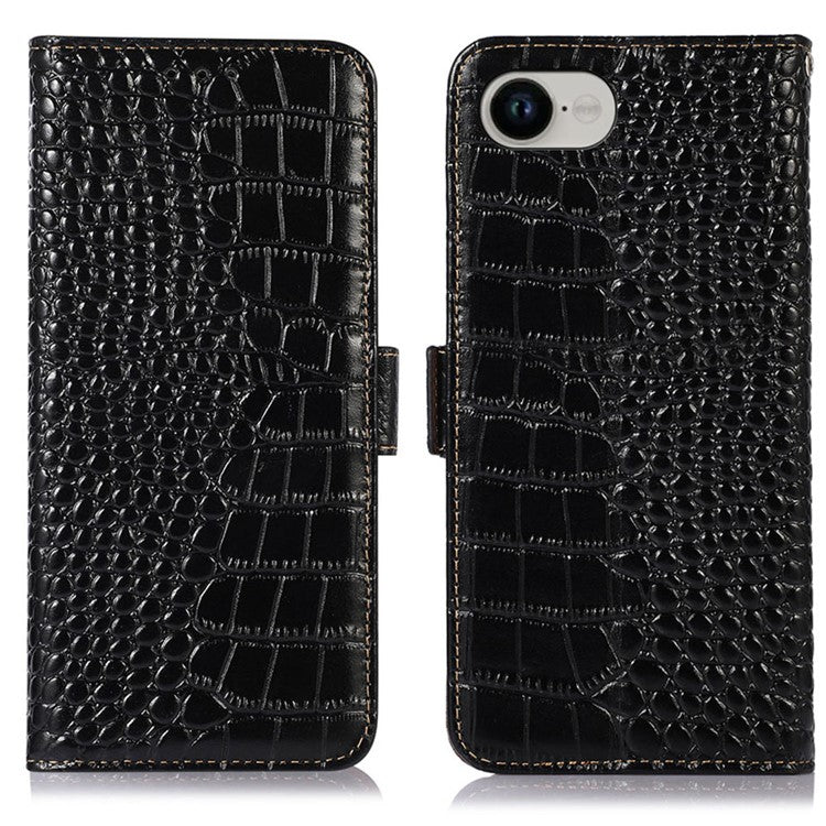 For iPhone 16e Case RFID Blocking Wallet Flip Genuine Cow Leather Phone Cover - Black