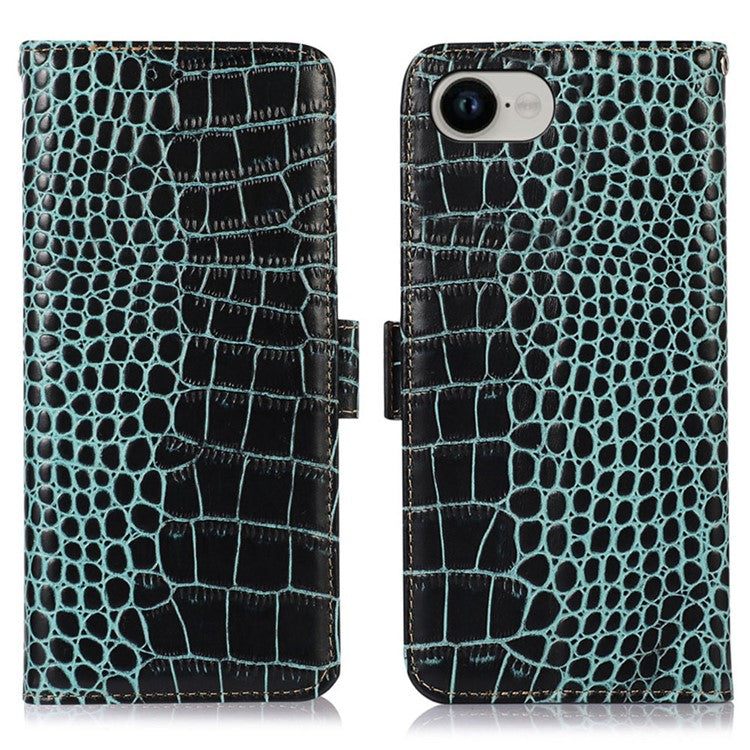 For iPhone 16e Case RFID Blocking Wallet Flip Genuine Cow Leather Phone Cover - Green