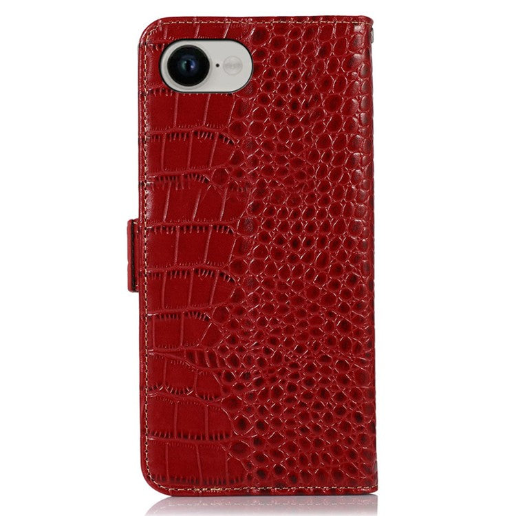 For iPhone 16e Case RFID Blocking Wallet Flip Genuine Cow Leather Phone Cover - Red