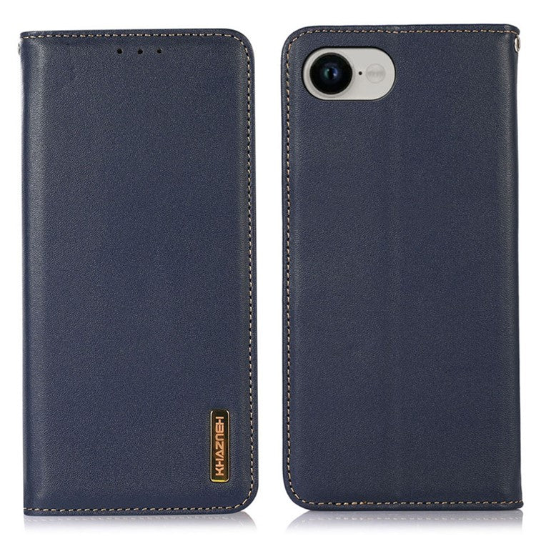 KHAZNEH For iPhone 16e Case Wallet Genuine Cow Leather Phone Cover Nappa Texture - Blue