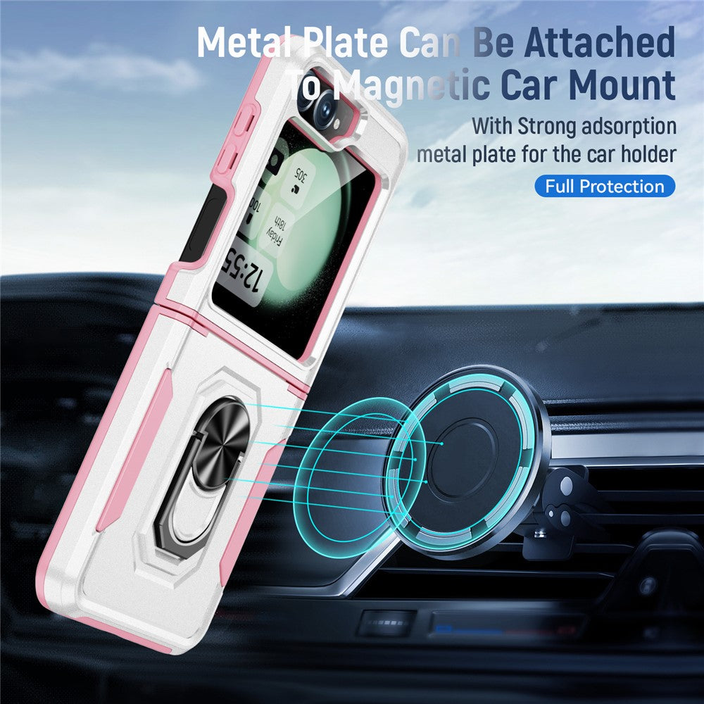 For Samsung Galaxy Z Flip7 FE 5G / Z Flip6 5G Case Military Grade Ring Kickstand PC + TPU Phone Cover - White + Pink