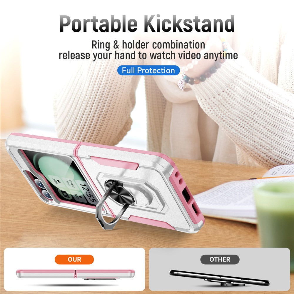 For Samsung Galaxy Z Flip7 FE 5G / Z Flip6 5G Case Military Grade Ring Kickstand PC + TPU Phone Cover - White + Pink