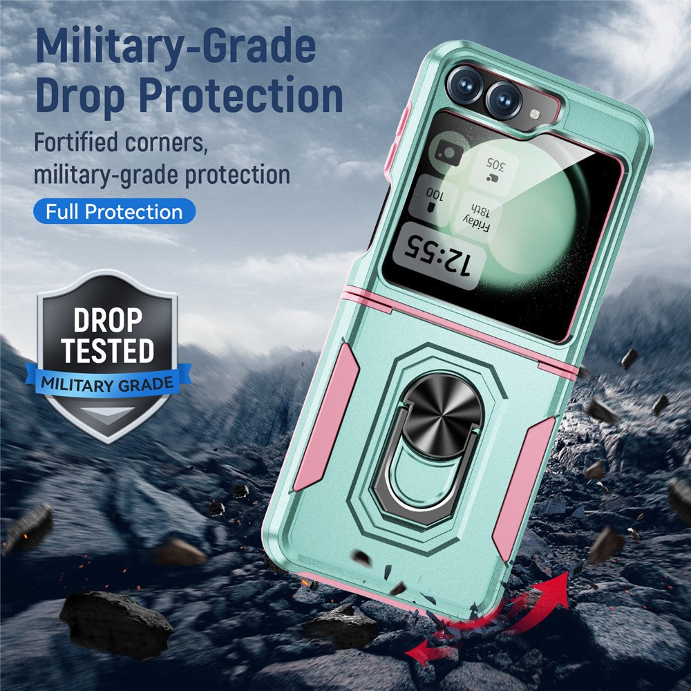 For Samsung Galaxy Z Flip7 FE 5G / Z Flip6 5G Case Military Grade Ring Kickstand PC + TPU Phone Cover - Green + Pink