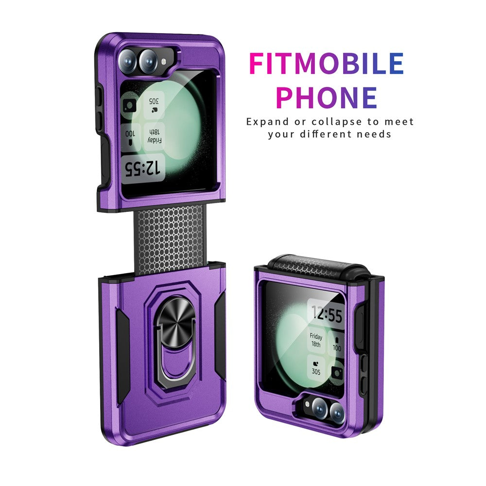 For Samsung Galaxy Z Flip7 FE 5G / Z Flip6 5G Case Military Grade Ring Kickstand PC + TPU Phone Cover - Purple + Black