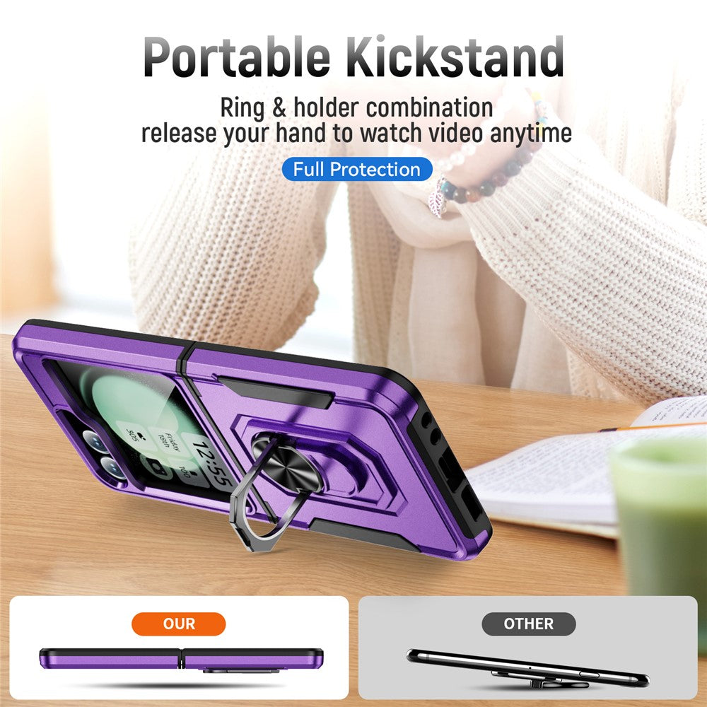 For Samsung Galaxy Z Flip7 FE 5G / Z Flip6 5G Case Military Grade Ring Kickstand PC + TPU Phone Cover - Purple + Black