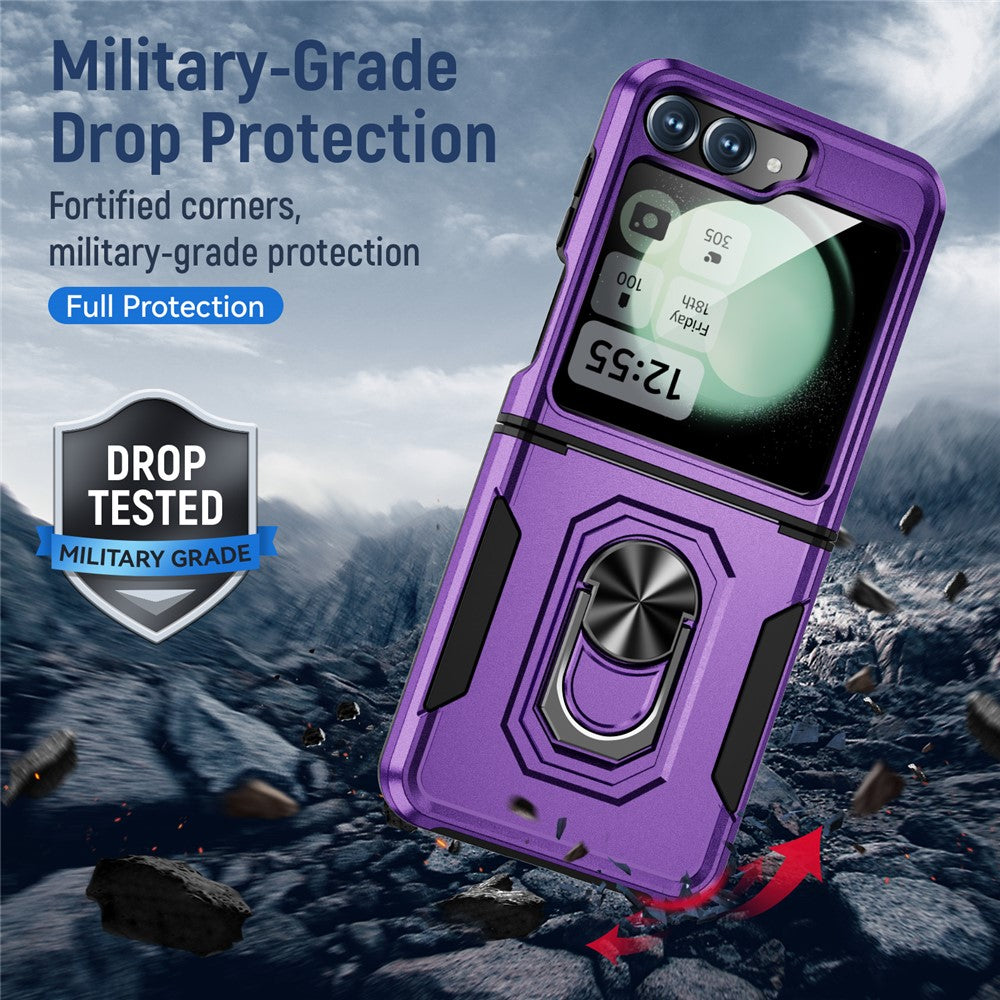 For Samsung Galaxy Z Flip7 FE 5G / Z Flip6 5G Case Military Grade Ring Kickstand PC + TPU Phone Cover - Purple + Black