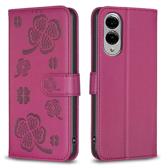 For Samsung Galaxy S25 Edge Case Clover Pattern Wallet Stand View Leather Phone Cover - Rose