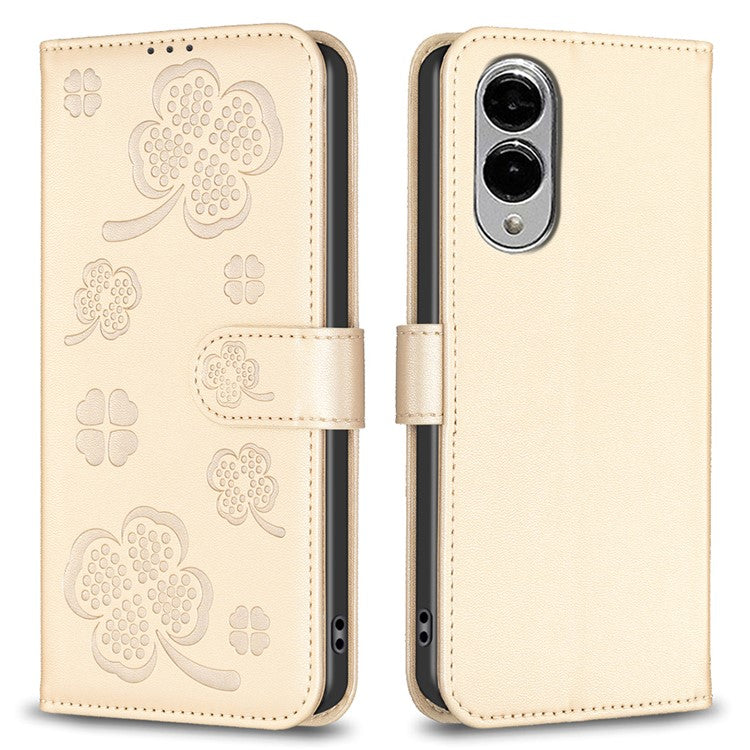 For Samsung Galaxy S25 Edge Case Clover Pattern Wallet Stand View Leather Phone Cover - Gold