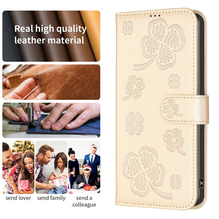 For Samsung Galaxy S25 Edge Case Clover Pattern Wallet Stand View Leather Phone Cover - Gold