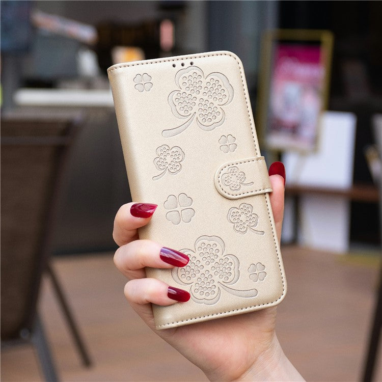 For Samsung Galaxy S25 Edge Case Clover Pattern Wallet Stand View Leather Phone Cover - Gold