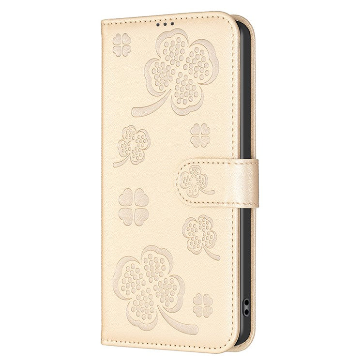For Samsung Galaxy S25 Edge Case Clover Pattern Wallet Stand View Leather Phone Cover - Gold
