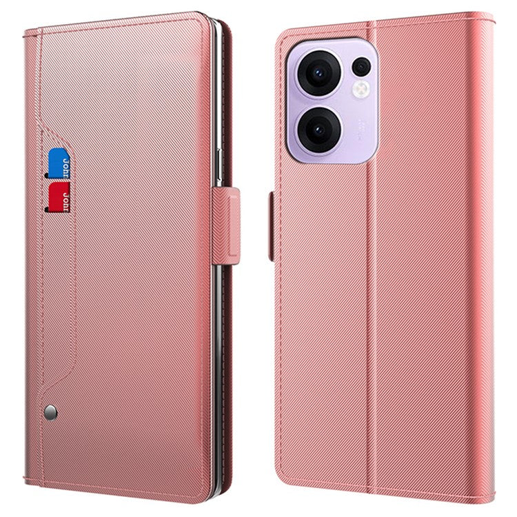 For Oppo Reno13 F 5G Case Stand PU Leather Phone Cover Card Holder Mirror - Rose Gold