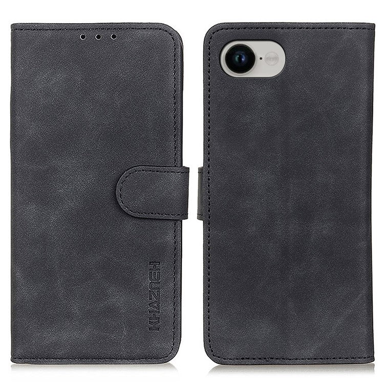KHAZNEH For iPhone 16e Case PU Leather Retro Texture Phone Cover - Black