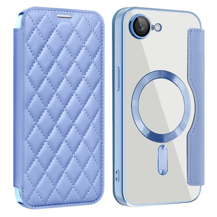 For iPhone 16e Case Compatible with MagSafe Rhombus PU Leather Phone Cover - Blue