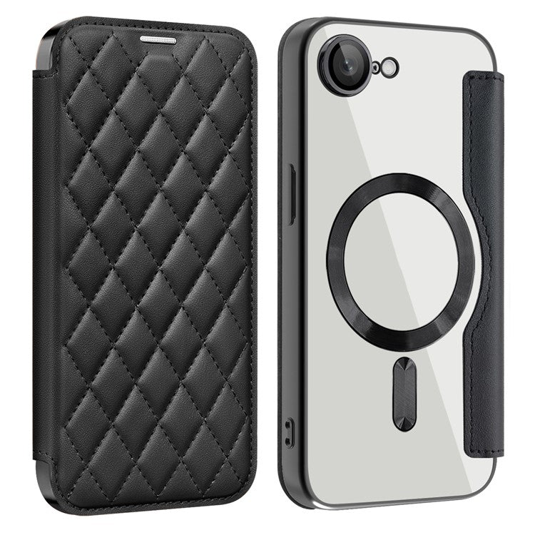 For iPhone 16e Case Compatible with MagSafe Rhombus PU Leather Phone Cover - Black