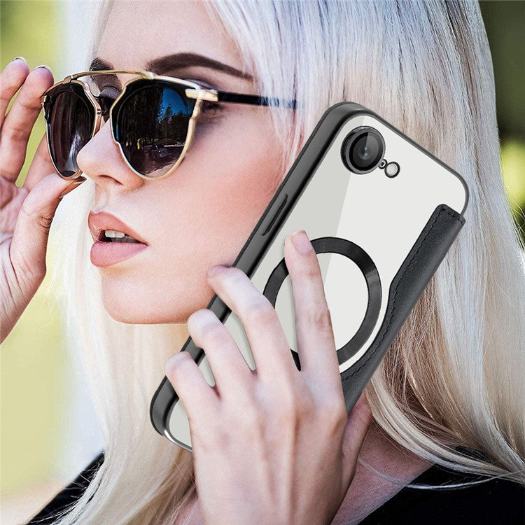 For iPhone 16e Case Compatible with MagSafe Rhombus PU Leather Phone Cover - Black