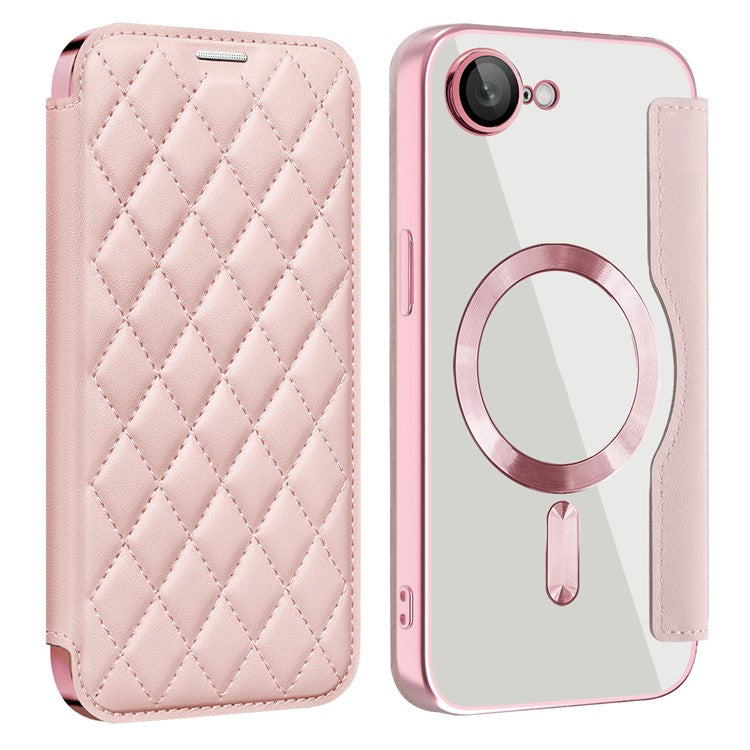 For iPhone 16e Case Compatible with MagSafe Rhombus PU Leather Phone Cover - Pink