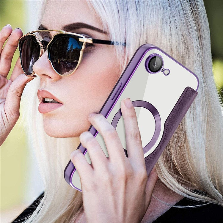 For iPhone 16e Case Compatible with MagSafe RFID Blocking Leather Phone Cover - Dark Purple