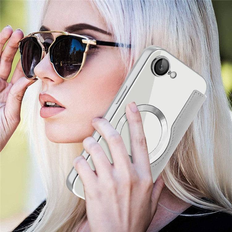 For iPhone 16e Case Compatible with MagSafe RFID Blocking Leather Phone Cover - Titanium Grey