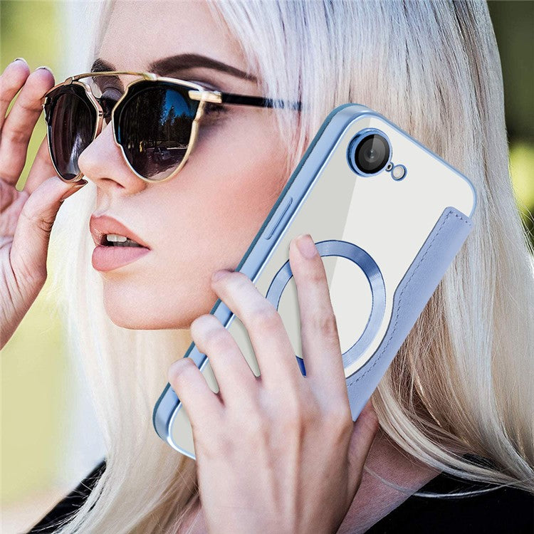 For iPhone 16e Case Compatible with MagSafe RFID Blocking Leather Phone Cover - Blue