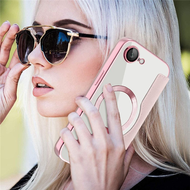 For iPhone 16e Case Compatible with MagSafe RFID Blocking Leather Phone Cover - Pink